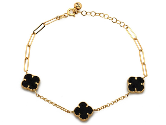 Bransoletka złota trzy czarne kwiatki kamienie syntetyczne