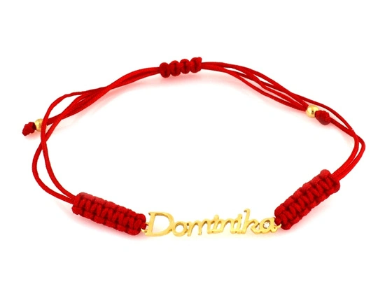 Bransoletka złota imię Dominika na czerwonym sznurku
