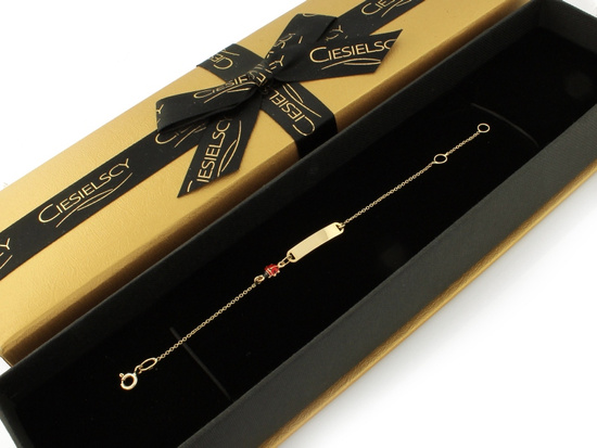 Złota bransoletka z blaszką pod grawer dla dziewczynki z biedronką