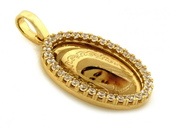 Zawieszka złoty medalik owalny z Matką Bożą z emalią i cyrkoniami