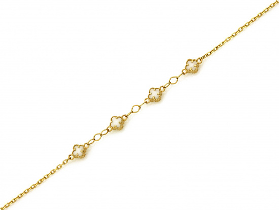 Bransoletka złota łańcuszkowa małe kwiatki z masą perłową