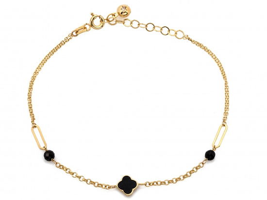 Złota bransoletka modna oryginalna kulki z onyksów czarna koniczynka