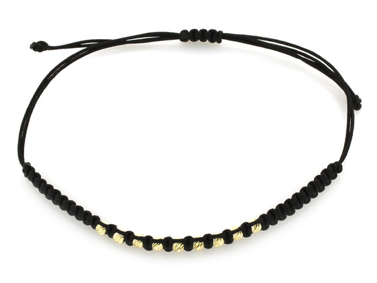 Bransoletka złote frezowane kulki na czarnym sznurku