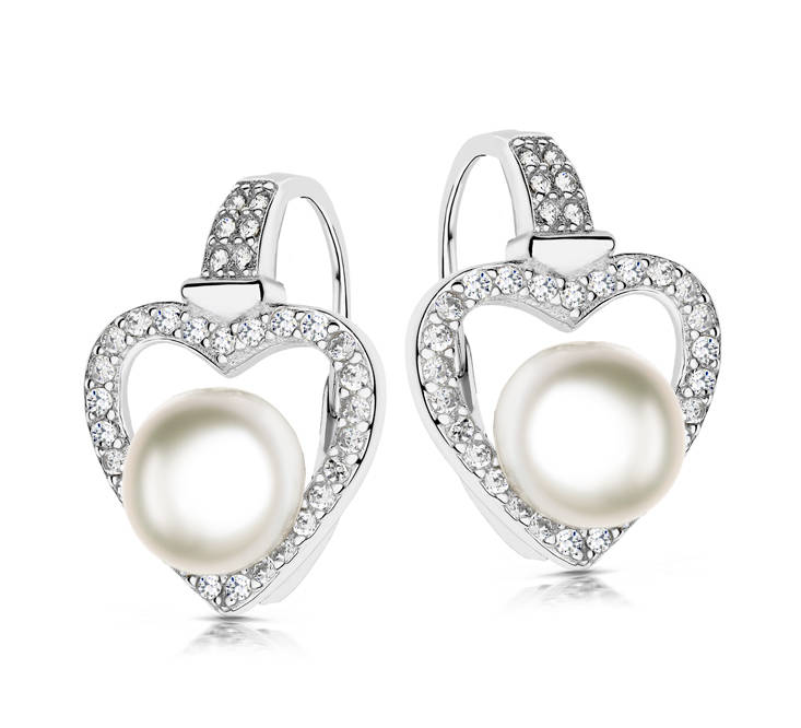 Srebrne kolczyki z perłami i diamentowymi cyrkoniami - serce